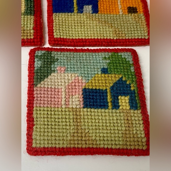 (Lot of 7) 1940s WWII Era Homemade Hand Knitted Country House Scene Coasters - Picture 5 of 12